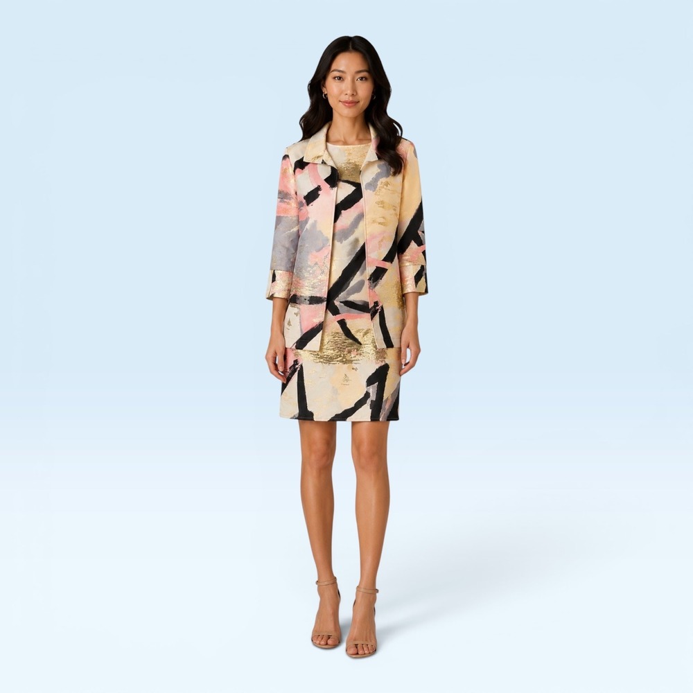 Ming Wang Gold Metallic Artsy Brocade Dress Jacket Set XS Pink Black Multi